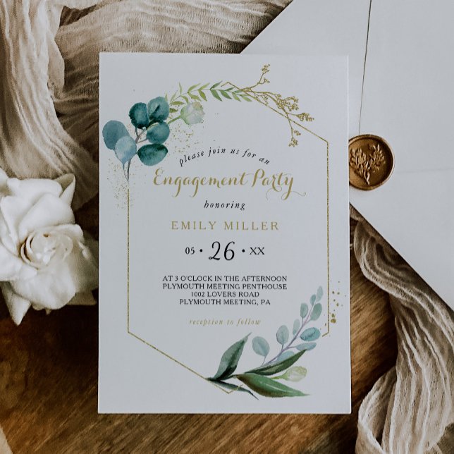 Vintage Gold and Green Eucalyptus Engagement Party Invitation (Creator Uploaded)