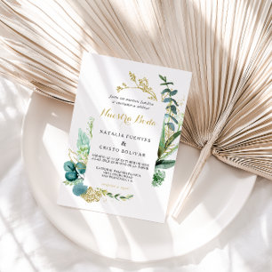 Vintage Gold and Green Eucalyptus Spanish Wedding Invitation