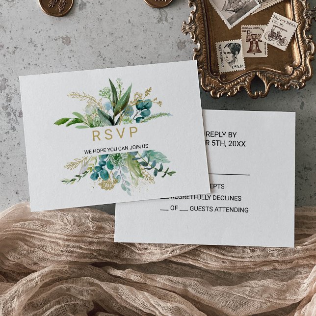 Vintage Gold and Green Eucalyptus Wedding Rsvp Card (Creator Uploaded)