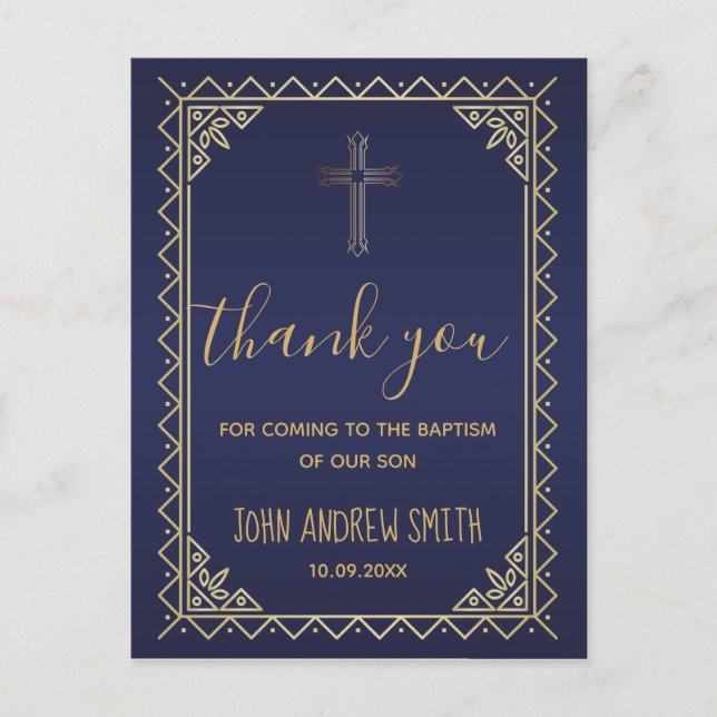 Vintage Gold And Navy Baptism Thank You Postcard (Front)