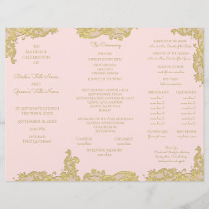 Vintage Gold and Pink Tri Fold Wedding Program