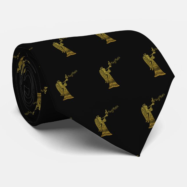 Vintage Gold Angel Pattern on Black Christmas Tie (Rolled)