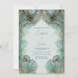 Vintage Gold & Aqua Art Nouveau Wedding Invitation