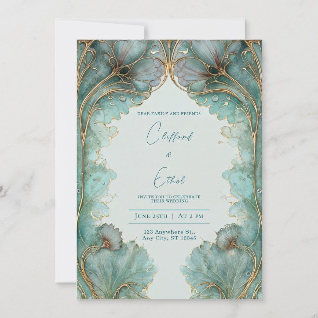 Vintage Gold & Aqua Art Nouveau Wedding Invitation (Front)