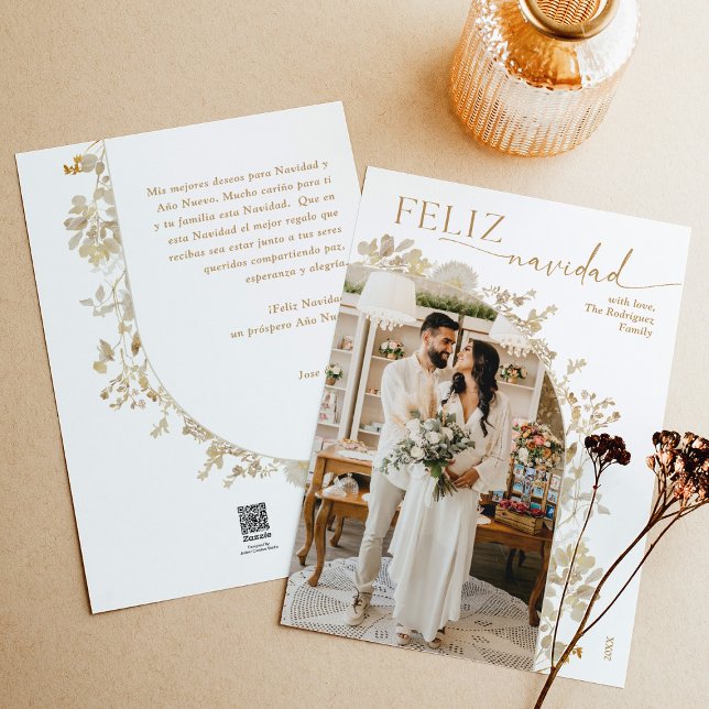 Vintage Gold Arch Photo Feliz Navidad Holiday Card (Creator Uploaded)