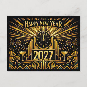 Vintage Gold Art Deco New Year 2027 Holiday Postcard