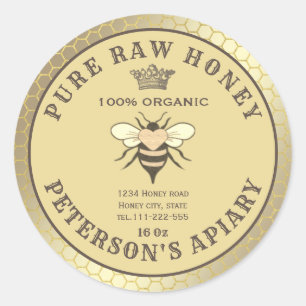 Vintage gold bee logo honeycomb honey jar classic round sticker