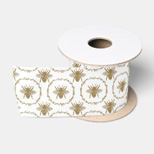 Vintage Gold Bee Wreath Pattern on Cream Satin Ribbon