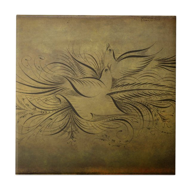 Vintage Gold Birds Line Drawings Tile (Front)