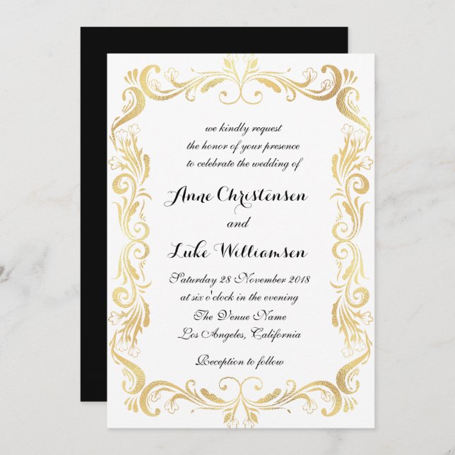 Vintage gold, black and white script wedding invitation (Front/Back)