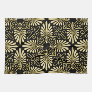 Vintage Gold Black Damask Art Deco Fan Tea Towel