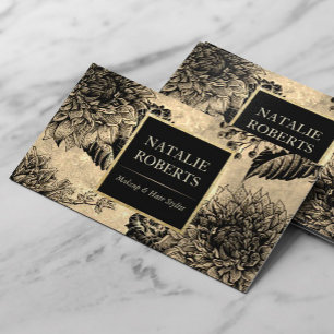 Vintage Gold Black Floral Makeup Artist Hair Salon Business Card