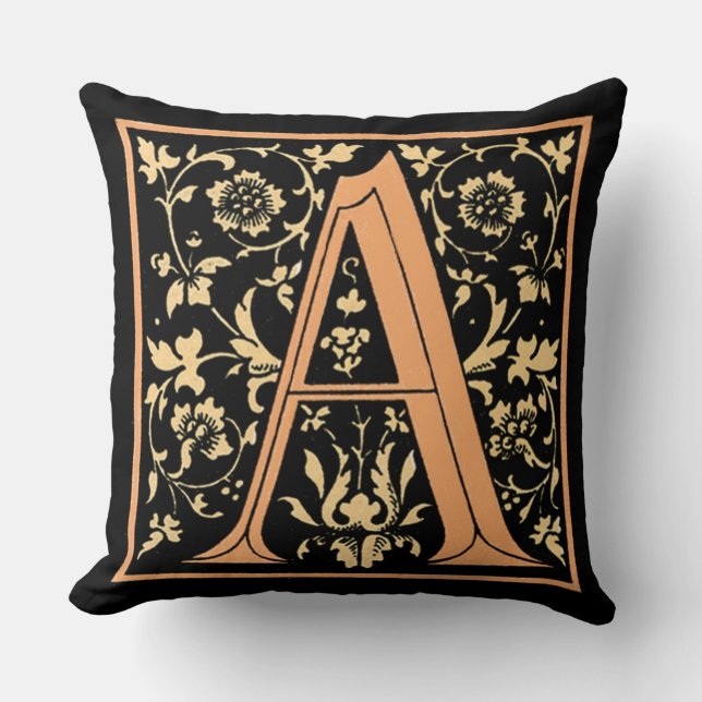 Vintage Gold & Black Floral Monogram ‘A’ Cushion (Front)