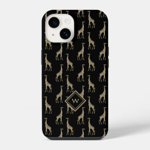 Vintage Gold Black Giraffe Pattern with Initial iPhone 14 Case