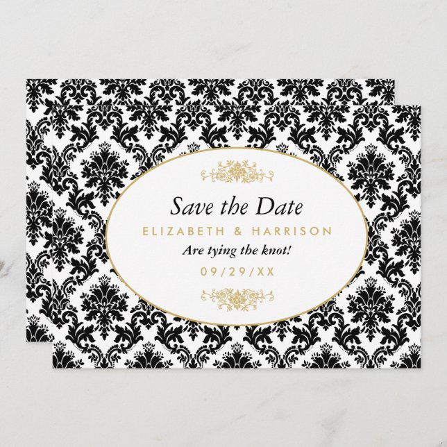Vintage Gold, Black & White Damask Save The Date (Front/Back)