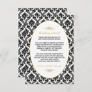 Vintage Gold, Black & White Damask Wedding Detail Enclosure Card