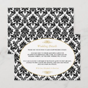 Vintage Gold, Black & White Damask Wedding Detail Enclosure Card