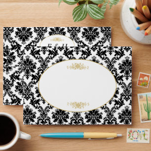 Vintage Gold, Black & White Damask Wedding Envelope