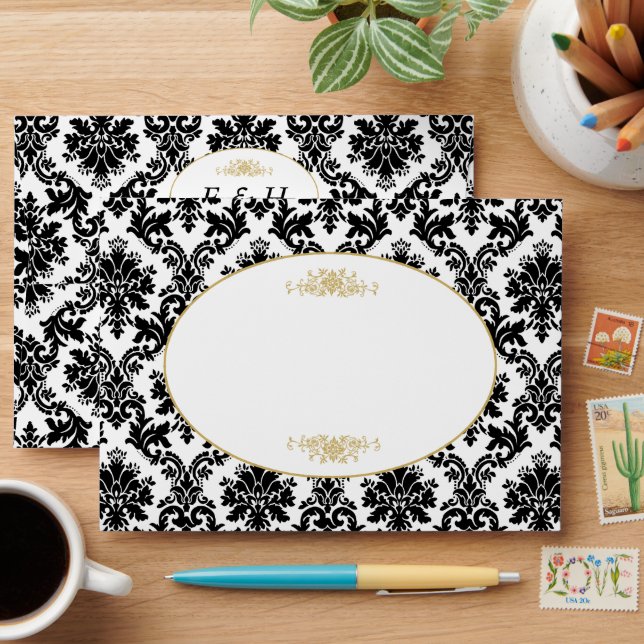 Vintage Gold, Black & White Damask Wedding Envelope (Desk)