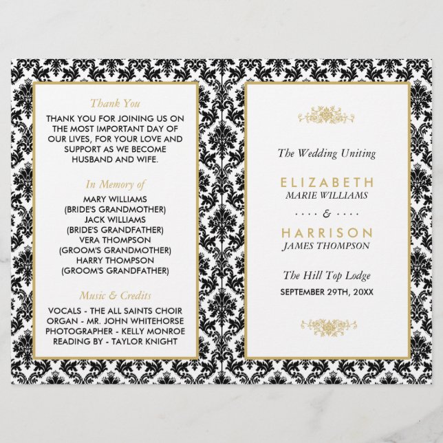 Vintage Gold, Black & White Damask Wedding Program (Front)