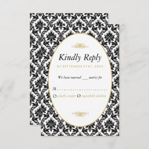 Vintage Gold, Black & White Damask Wedding RSVP Card