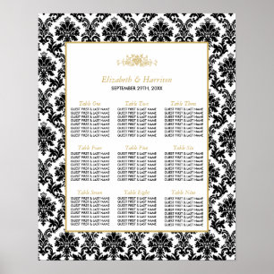 Vintage Gold, Black & White Damask Wedding Seating Poster