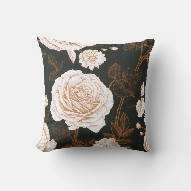 Vintage Gold Black White Rose Leaves Cushion (Front)