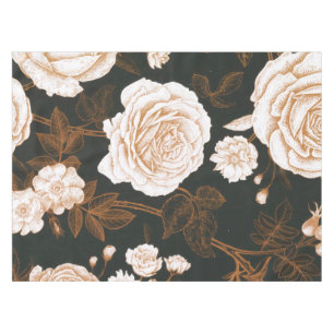 Vintage Gold Black White Rose Leaves Tablecloth