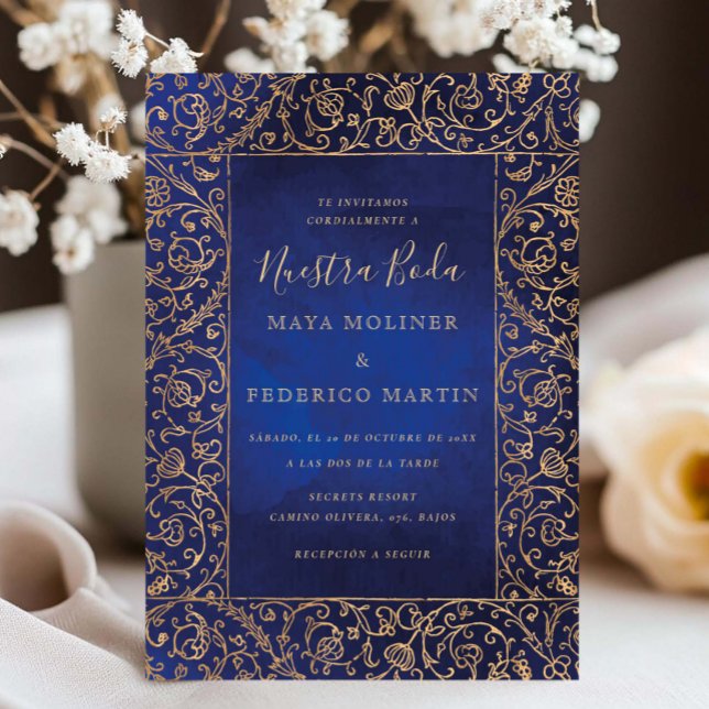 Vintage Gold & Blue Velvet Nuestra Boda Wedding Invitation (Creator Uploaded)