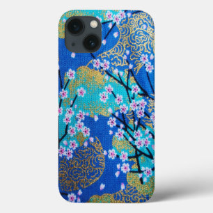 Vintage Gold Blue White Japanese Kimono Floral iPhone 13 Case