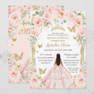 Vintage Gold Blush Pink Floral Dress Quinceañera Invitation