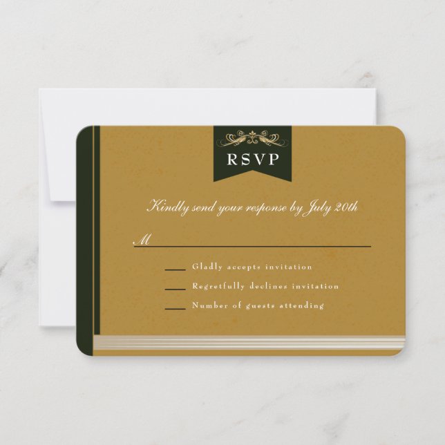 Vintage Gold Book Cover Theme Wedding RSVP Card (Front)