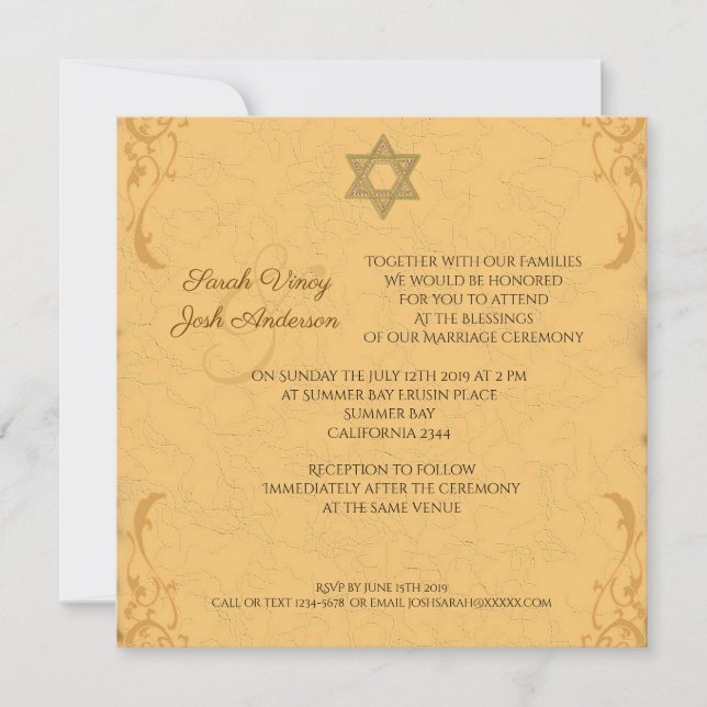 Vintage Gold brocade Jewish wedding Invitation (Front)