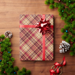 Vintage gold brown red diagonal plaid cozy country wrapping paper