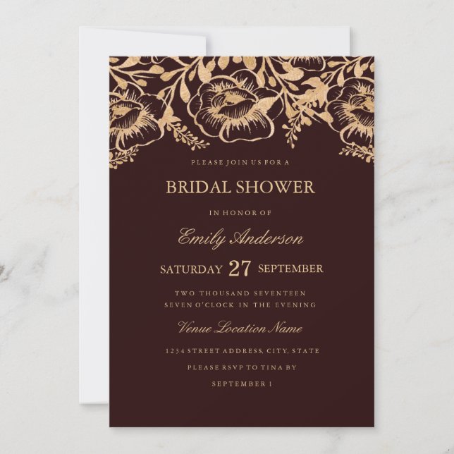 Vintage Gold Burgundy Floral Bridal Shower Invitation (Front)