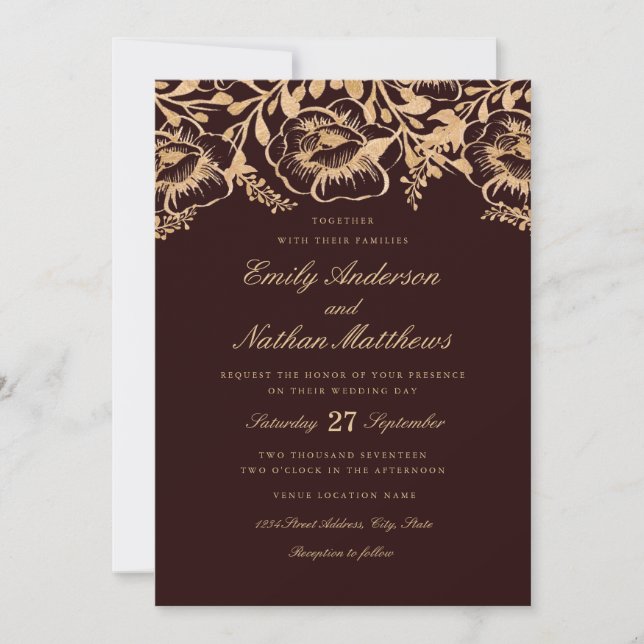 Vintage Gold Burgundy Floral Wedding Invitation (Front)