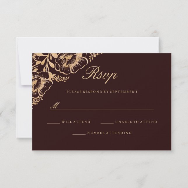 Vintage Gold Burgundy Floral Wedding RSVP Card (Front)