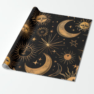 Vintage Gold Celestial Sun and Moon Black Wrapping Paper