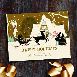 Vintage Gold Christmas Party Winter Night Scene Holiday Postcard