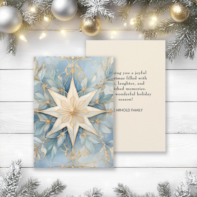 Vintage Gold Christmas Star Blue Holiday Card (Elegant gold star on soft dusty blue Christmas greeting card)