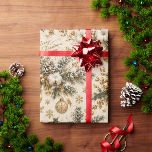 Vintage Gold Christmas Wrapping Paper, Rustic Pine Paper