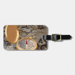 Vintage Gold Compass on Antique Pirate Map Luggage Tag