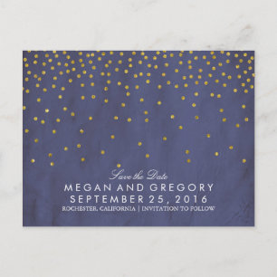 vintage gold confetti navy save the date announcement postcard