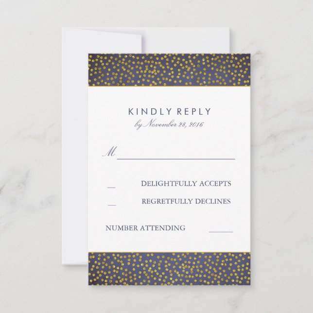 Vintage Gold Confetti Navy Wedding RSVP Cards (Front)