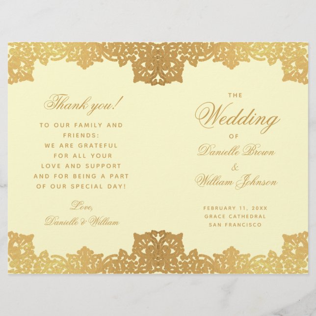Vintage Gold Cream Elegant Folded Wedding Program (Front)