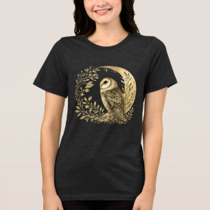 Vintage Gold Crescent Moon Barn Owl Mystic Design Tri-Blend Shirt