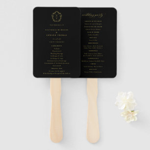 Vintage Gold Crest Black Wedding Program Hand Fan