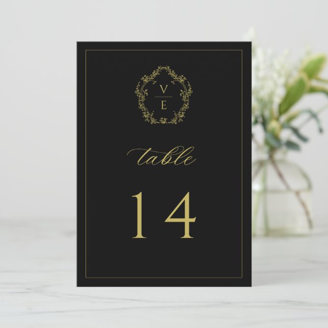 Vintage Gold Crest Black Wedding Table Number (Standing Front)