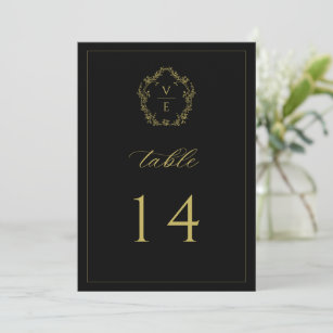 Vintage Gold Crest Black Wedding Table Number