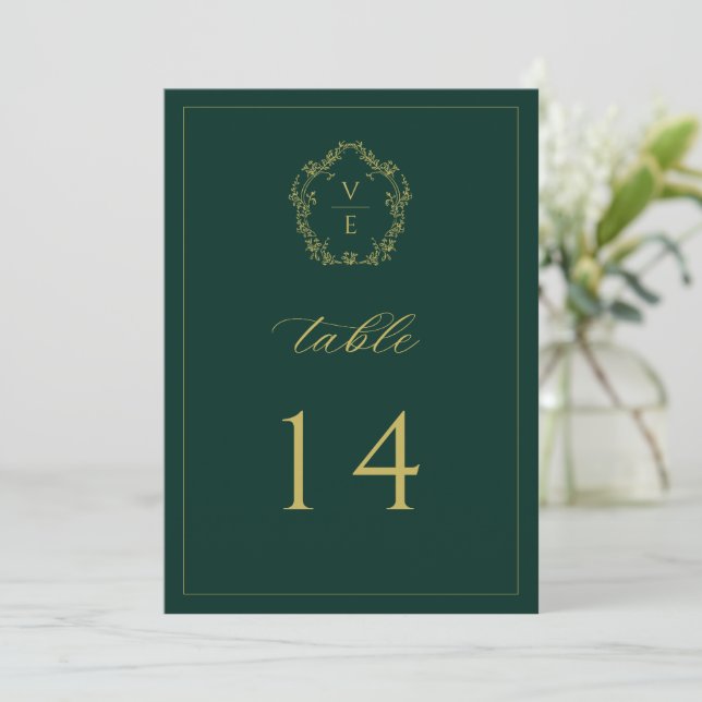 Vintage Gold Crest Emerald Wedding Table Number (Standing Front)